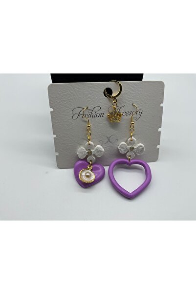 CHIC Lila Heart White Flower Gold Crown Triple Polymer Clay Dangle Earrings