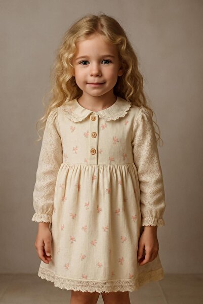 RAPAPA Girl's Lace Detailed Floral Patterned Girl's Dress - Ecru-1305