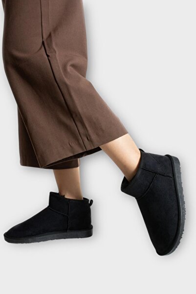 Liger Mini Süet İçi Kürklü Alçak Taban Bilekte Kısa Kadın Bot SİYAH