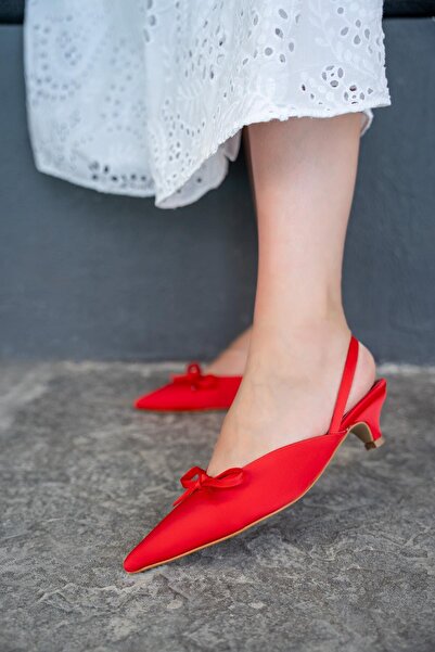 LamintaGlobal Fonis Red Bow Detailed Satin Women's Heeled Shoes