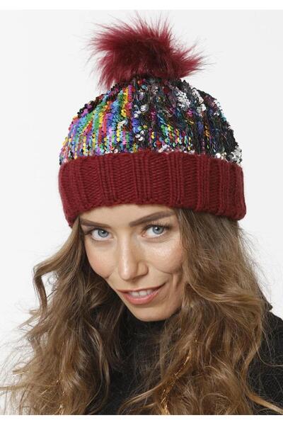 Wearflawless Beretă pentru femei, bordeaux, iarnă, din acril moale, cu pompon