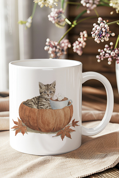 giftkonsept Autumn Themed Cute Cat No:4 Printed Gift Mug