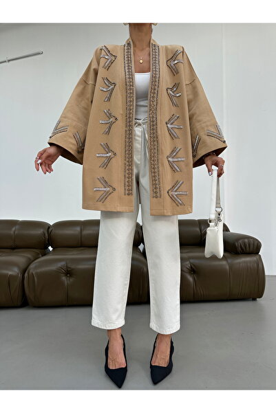 MİA NOURA Women's Oversize Fit Kimono with Beaded Embroidery on the Front