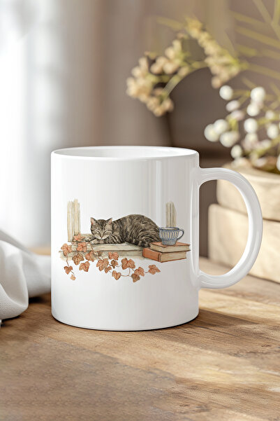giftkonsept Autumn Themed Cute Cat No:10 Printed Gift Mug