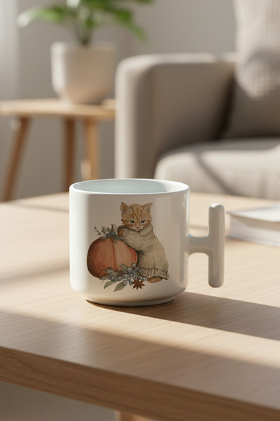 giftkonsept Autumn Themed Cute Cat No:9 Printed Gift T-Handle Latte Cup Mug