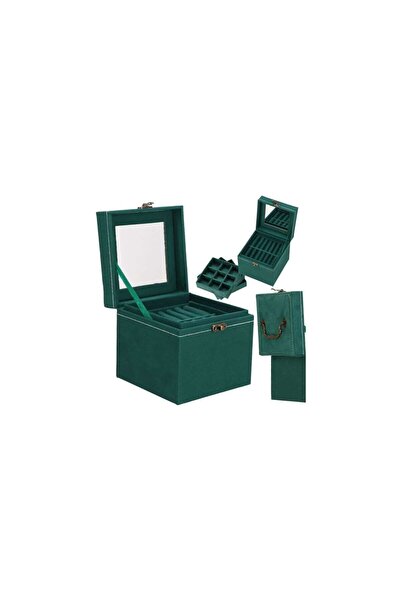 Springos Cutie de bijuterii, catifea, verde, cu oglindă, 12x12x12 cm,