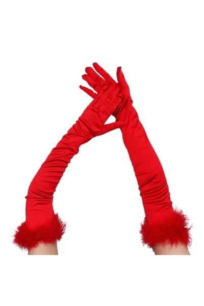 KESNUP Elegant long satin gloves with puff, universal size, Red