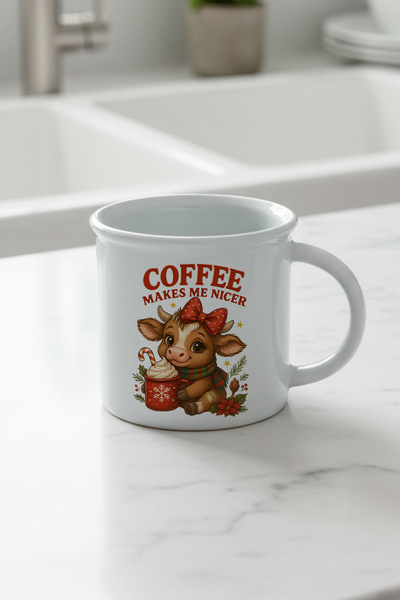 giftkonsept Coffee Makes Me Niceer Cute Cow Printed Enamel-Looking Ceramic Vintage Mug Cup