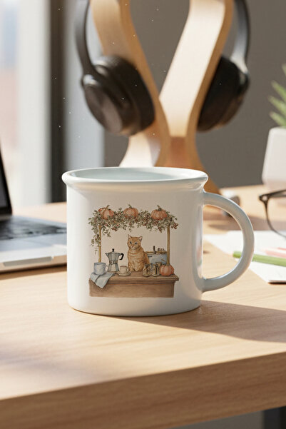 giftkonsept Autumn Themed Cute Cat No:8 Printed Enamel-Looking Ceramic Vintage Mug Cup