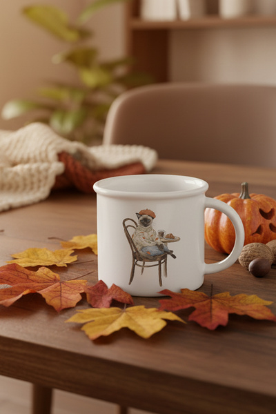 giftkonsept Autumn Themed Cute Cat No:3 Printed Enamel-Looking Ceramic Vintage Mug Cup