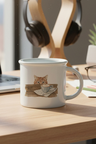 giftkonsept Autumn Themed Cute Cat No:1 Printed Enamel-Looking Ceramic Vintage Mug