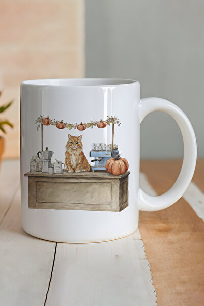 giftkonsept Autumn Themed Cute Cat No:6 Printed Gift Mug