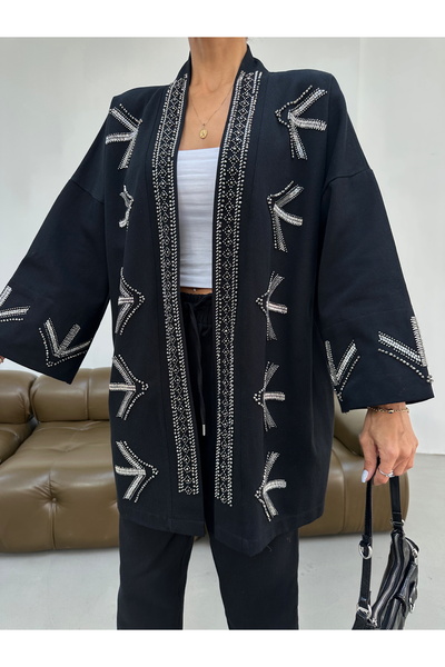 MİA NOURA Women's Oversize Fit Kimono with Beaded Embroidery on the Front