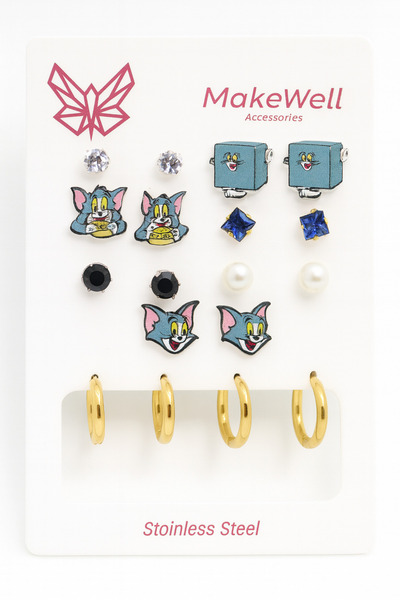 MakeWell Steel Spongebob and Friends Pikachu Tom and Jerry Rabbit Design Steel Hoop Earring Set