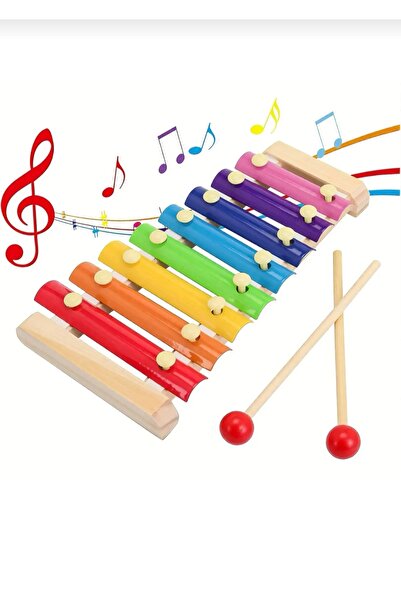 abnturk Yüksek Kalite Eğitici Ahşap Ksilofon 8 Tonlu Renkli Müzik Oyuncağı