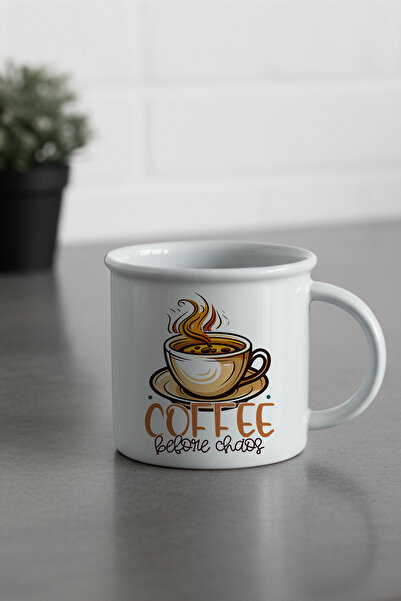 giftkonsept Coffee before Chaos Printed Enamel Look Ceramic Vintage Mug Cup