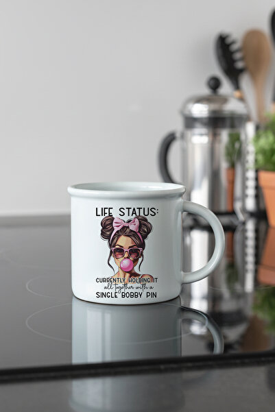 giftkonsept Life Status Printed Enamel-Looking Ceramic Vintage Mug