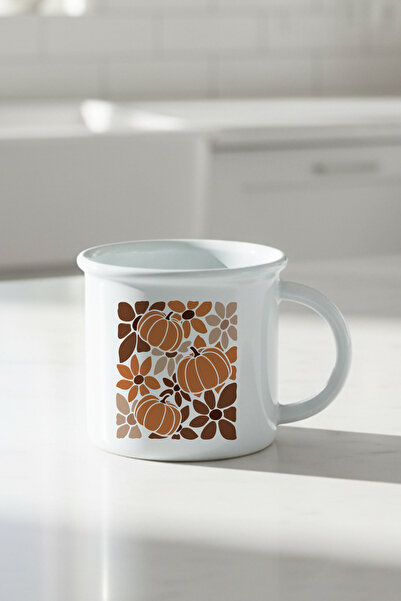 giftkonsept Boho Floral Fall Pumpkin Printed Enamel Look Ceramic Vintage Mug Cup