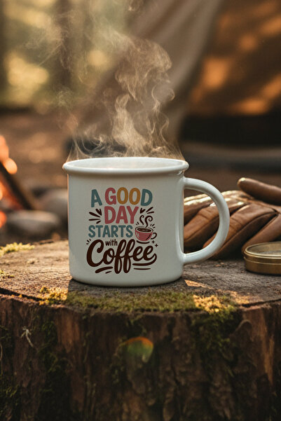 giftkonsept A Good Day Starts with Coffee Printed Enamel-Looking Ceramic Vintage Mug Cup