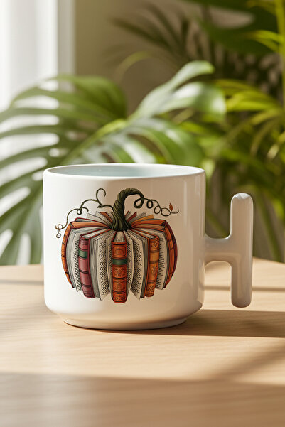 giftkonsept Autumn Themed Pumpkin Books Printed Gift T-Handle Latte Cup Mug