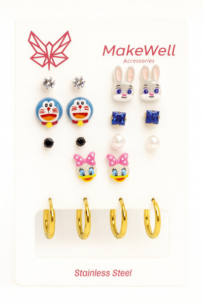 MakeWell Steel Spongebob and Friends Pikachu Tom and Jerry Rabbit Design Steel Hoop Earring Set