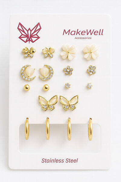 MakeWell 925s Gümüş İğneli Yonca Hilal Kelebek Ayıcık Kalp Çiçekli Gümüş İğne...