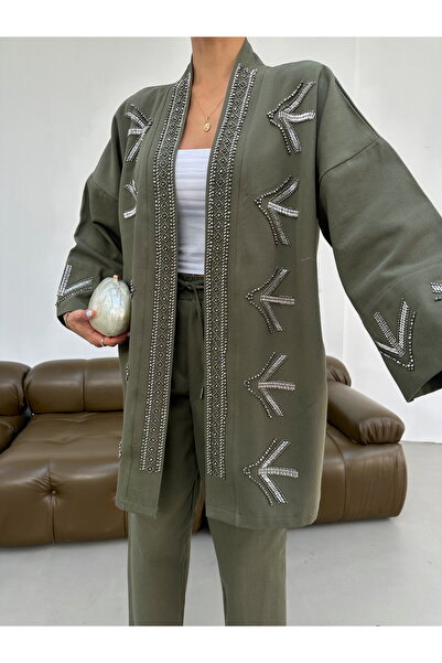 MİA NOURA Women's Oversize Fit Kimono with Beaded Embroidery on the Front