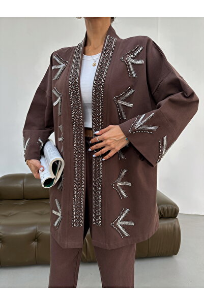 MİA NOURA Women's Oversize Fit Kimono with Beaded Embroidery on the Front