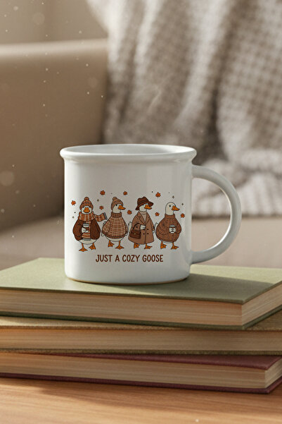 giftkonsept Just a Cozy Goose Autumn Cute Geese Printed Enamel-Looking Ceramic Vintage Mug Cup
