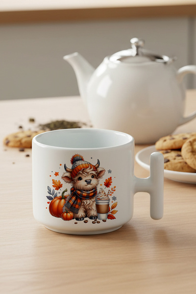 giftkonsept Autumn Theme Fall Vibes Highland Cow Printed Gift t Handle Latte Cup Mug