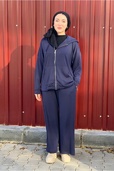 Moda Rosa 26K2257 - Dark Blue - Modal Fabric Double Set with Loose-Leg Pants