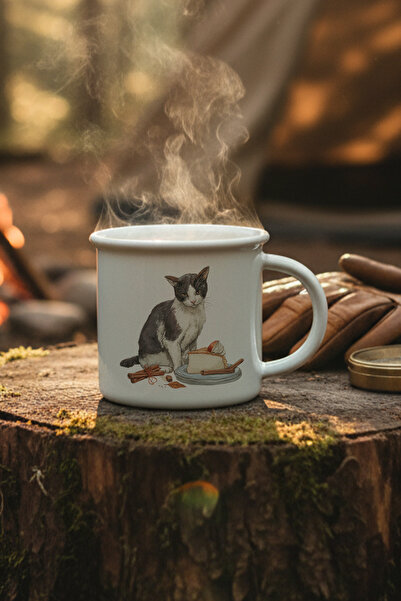 giftkonsept Autumn Themed Cute Cat No:5 Printed Enamel-Looking Ceramic Vintage Mug Cup