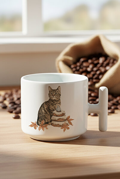 giftkonsept كوب لاتيه مطبوع عليه صورة قطة لطيفة رقم 7 بتصميم خريفي مع مقبض