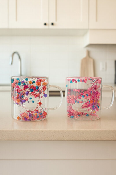 MİS KİTCHEN 2 Adet Çift Cidarlı Çiçekli Cam Kupa Bardak 300 ML Kahve Ve Bitki...