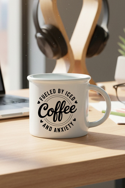 giftkonsept Fueled by Coffee Printed Enamel-Looking Ceramic Vintage Mug Cup