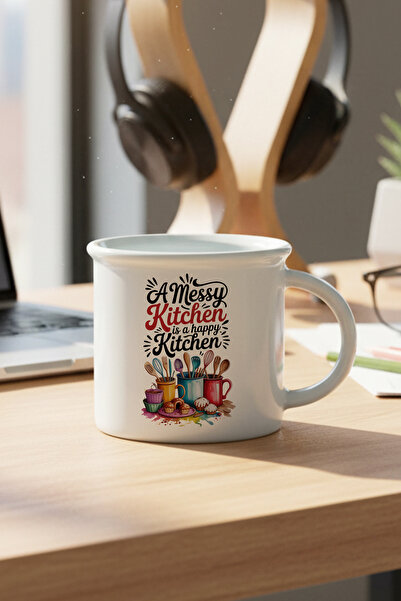 giftkonsept A Messy Kitchen Printed Enamel-Looking Ceramic Vintage Mug Cup