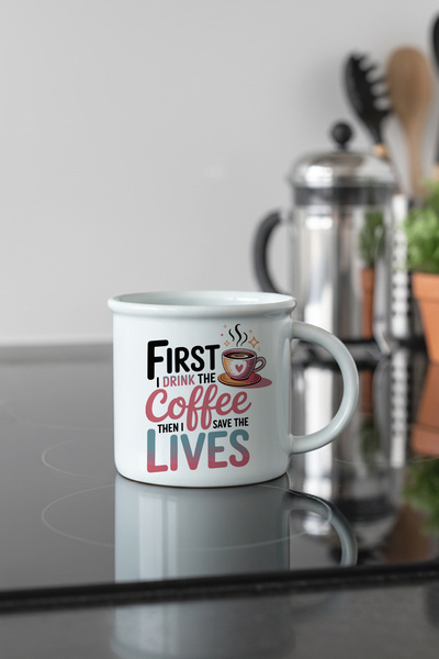 giftkonsept First the Coffee Printed Enamel-Looking Ceramic Vintage Mug Cup