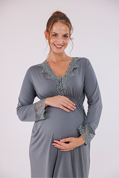 Yulem Homewear Smoked Patterned Long Sleeve Cotton Maternity Pajama Set and Nightgown 4-Piece Set