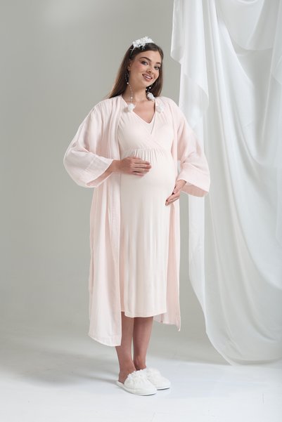 Lohusa Dünyasi Women's Powder V-Neck Nursing-Friendly 2-Piece Maternity Nightgown Set