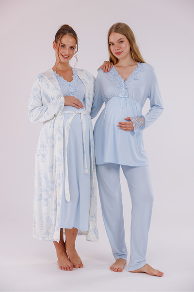Yulem Homewear Mavi Desenli Uzun Kollu Pamuklu Hamile Lohusa Sabahlıklı Pijama Takım ve Gecelik 4'lü Set