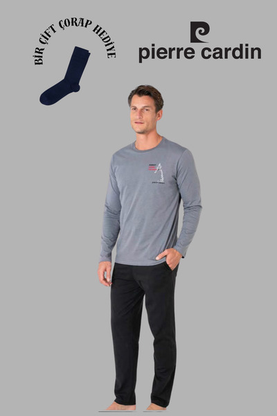 Pierre Cardin Men's Dark Gray Long Sleeve Cotton Pajama Set with 1 Pair of Socks Gift