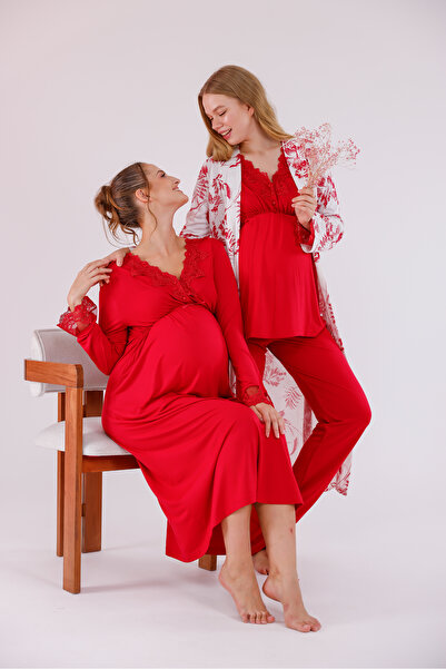 Yulem Homewear Cherry Patterned Long Sleeve Cotton Maternity Pajama Set and Nightgown 4-Piece Set