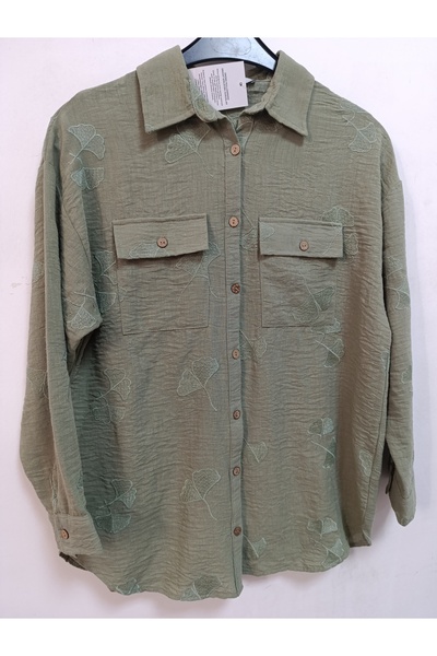 AKŞEN GİYİM Plus Size 100% Cotton Linen Double Pocket Embroidered Cuff Sleeve Shirt
