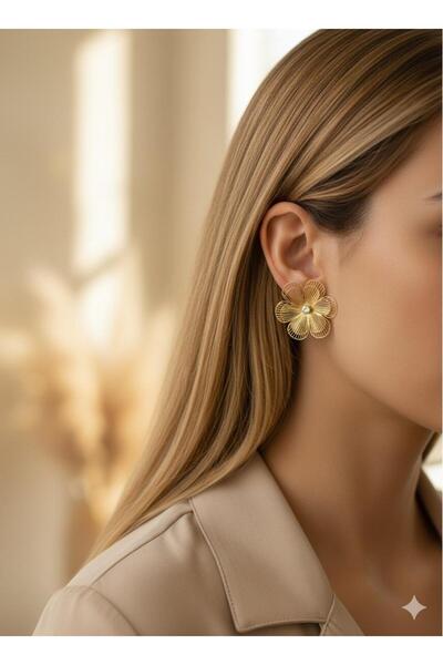 bettin tasarım Altın Renk Çelik Büyük Çiçek Model Zirkon Taş Detaylı Kadın Küpe