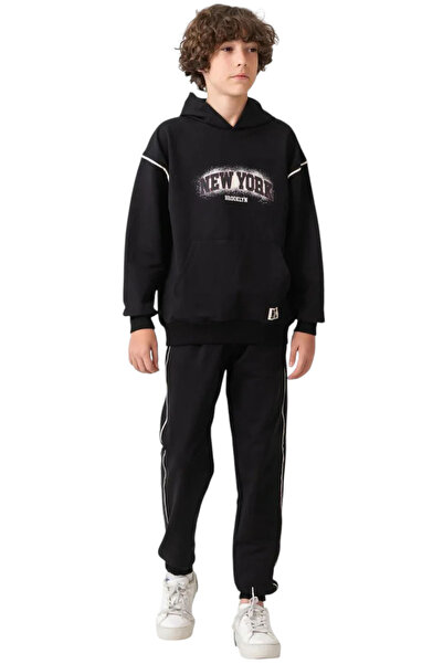 İrem Çocuk Giyim Boy's New York Letter Stripe Kangaroo Pocket Hooded Black Tr...