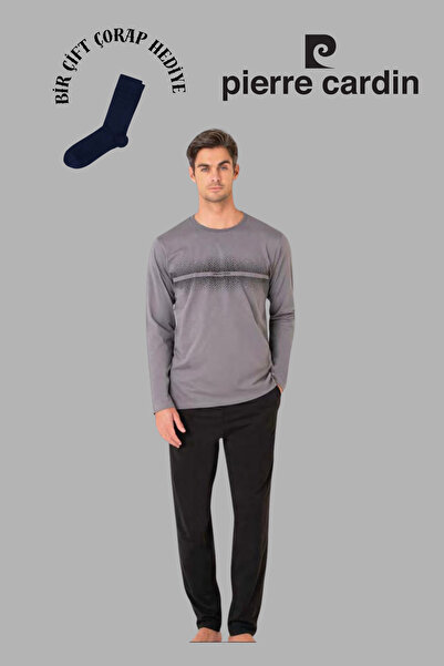 Pierre Cardin Men's Dark Gray Long Sleeve Cotton Pajama Set with 1 Pair of Socks Gift