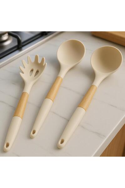 MODA OZY 2-Piece Heat-Resistant Fireproof Non-Stick Bamboo Handle Serving Silicone Ladle-Spoon-Pasta Spoon