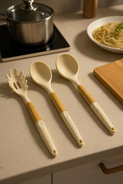 MODA OZY 2-Piece Heat-Resistant Fireproof Non-Stick Bamboo Handle Serving Silicone Ladle-Spoon-Pasta Spoon