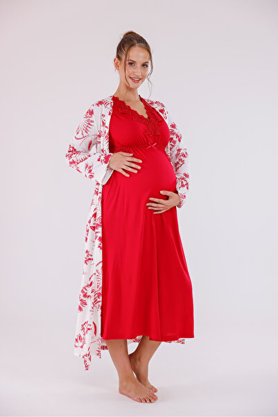 Yulem Homewear Cherry Patterned Long Sleeve Cotton Maternity Pajama Set and Nightgown 4-Piece Set