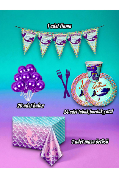 partylady مجموعة صغيرة بتصميم حورية البحر تتسع لـ 24 شخصًا - لحفلات أعياد الم...